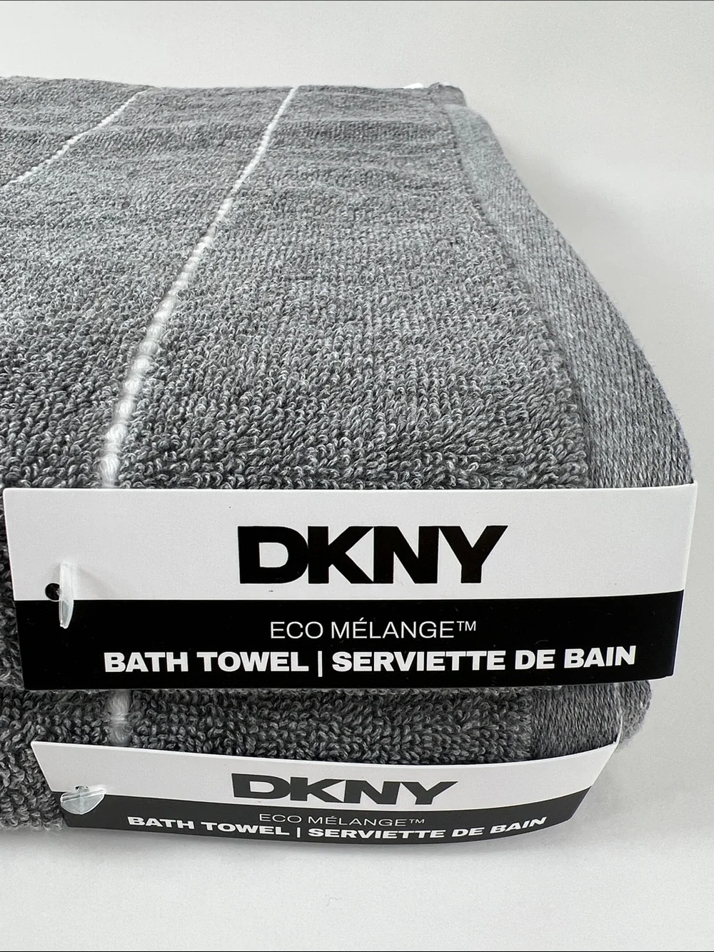 DKNY Eco Melange Bath Towels Medium Gray White Stripe Soft Cotton Set of 2 NEW